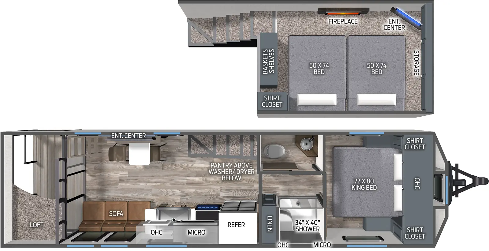 The Puma Destination 280MiniLFT floorplan has one entry and zero slide outs. Exterior features include: metal exterior and 17' awning. Interiors features include: loft, front bedroom and pass through bathroom.